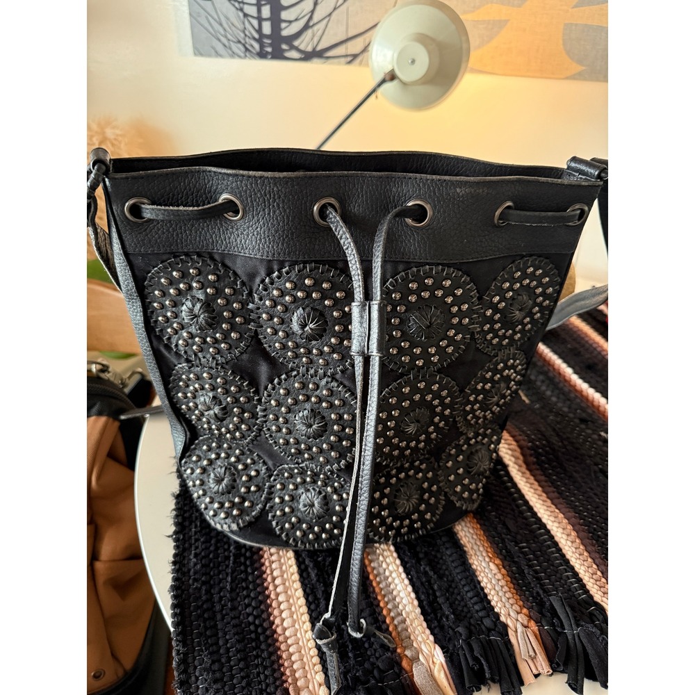 Cleobella boho bag Black Leather Studded Medallion Bucket Crossbody Drawstring M